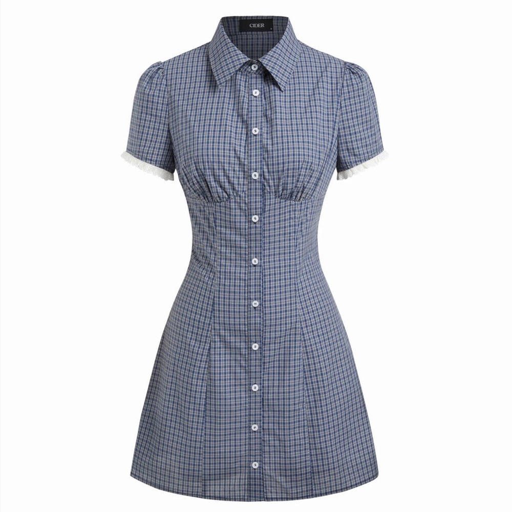 Shirred Collar Short Sleeve Checks Mini Dress